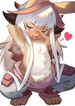 anthro bodily_fluids bottomwear clothed clothing countershade_torso countershading crouching female flat_chested fur genital_fluids genitals hair hand_behind_head heart_symbol loli long_ears long_hair looking_at_viewer low-riding open_mouth oversized_bottomwear oversized_clothing oversized_pants pants sagging_pants solo tan_body tan_fur topless vaginal_fluids vulva white_hair young young_anthro young_female tlmoyv_1 made_in_abyss nanachi narehate 2024 absurd_res digital_media_(artwork) hi_res