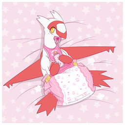 3_fingers ambiguous_gender baby_bottle back_wings bib big_diaper blush blush_lines border claws clean_diaper clothed clothing cloud_emanata diaper diaper_puff emanata facial_markings feral finger_claws fingers head_markings heart_symbol lying markings multicolored_body object_in_mouth on_back one_eye_obstructed pacifier pacifier_in_mouth pattern_background pink_background red_body simple_background solo two_tone_body wearing_diaper white_body white_border wings jupiters nintendo pokemon generation_3_pokemon latias legendary_pokemon pokemon_(species) 1:1 full-length_portrait hi_res portrait