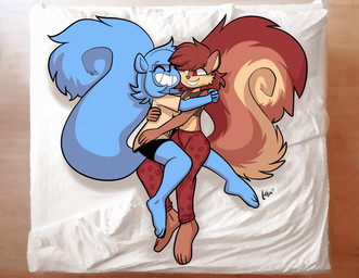 4_toes 5_fingers anthro barefoot big_breasts black_bottomwear black_clothing black_nose black_shorts blue_body blue_fur blue_hair blush bottomwear breasts brown_body brown_fur clothing cuddling duo eyes_closed feet female fingers footprint fur grin hair hand_on_back hug looking_at_another lying male markings midriff on_side pajamas pants pawprint pink_nose red_body red_bottomwear red_clothing red_eyes red_fur red_hair red_pants shorts smile striped_body striped_fur striped_markings striped_tail stripes tail tail_markings tan_body tan_fur toes lettuce_(artist) lettuce_(lettuce) mammal rodent sciurid tree_squirrel 2020 absurd_res character_request hi_res