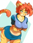 anthro big_breasts bottomwear breast_rest breasts chest_tuft clothed clothing curvy_figure eyebrows eyelashes female green_eyes hair looking_at_viewer midriff navel nipple_outline orange_hair shirt skirt slightly_chubby solo stripes thick_thighs topwear tuft voluptuous wide_hips chalo loree domestic_cat felid feline felis mammal 2017