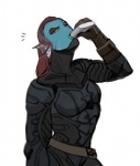 alcohol alternate_universe armor beverage blind_eye clothed clothing drinking female gloves handwear hip_flask holding_object scar simple_background solo white_background kkhoppang apocalypse_au_(undertale) undertale undertale_(series) undyne animal_humanoid fish fish_humanoid humanoid marine marine_humanoid