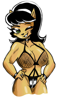 accessory anthro bikini bikini_bottom bikini_top black_hair breasts choker cleavage clothed clothing female fishnet_clothing fishnet_topwear green_eyes hair hair_accessory hairband hands_on_hips jewelry looking_at_viewer muscular muscular_arms muscular_female necklace nipples one_eye_closed ring simple_background smile solo standing swimwear topwear translucent translucent_clothing translucent_topwear two-piece_swimsuit white_background wink wristband omegamax nickelodeon t.u.f.f._puppy kitty_katswell domestic_cat felid feline felis mammal colored portrait three-quarter_portrait
