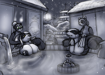 alcohol anthro areola bath beverage breasts casual_nudity dark_areola female food genitals group holding_sake_dish hot_spring hot_tub male nipples nude onsen partially_submerged partially_submerged_breasts penis sake sake_bottle sake_dish water drxii badger bear giant_panda mammal mustelid musteline 2014