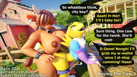anal anal_penetration anthro areola barn barrel bent_over big_breasts blush bodily_fluids bottomwear bovid_horn bovine_ears breasts brown_areola brown_breasts brown_nipples buying clothed clothed_sex clothing cowbell cowbell_collar crop_top cuffs_(clothing) cum detailed_background dialogue duo ear_piercing ear_tag ejaculation erection farm femboy fence from_behind_position genital_fluids genitals glistening glistening_areola glistening_arms glistening_nipples grass gynomorph gynomorph/male gynomorph_penetrating gynomorph_penetrating_male hair hands-free happy happy_sex hay hay_bale heart_(marking) horn huge_breasts intersex intersex/male intersex_penetrating intersex_penetrating_male male male_penetrated markings nipples nude open_mouth outside outside_sex penetration penile penile_penetration penis penis_in_ass piercing plant sex sex_slave shirt shorts slave smile speech_bubble standing standing_sex tail teeth text topwear tractor tree vehicle white_body bacn bandai_namco digimon renamon_(bacn) bovid bovine canid canine digimon_(species) fox mammal renamon 16:9 2026 3d_(artwork) 4k absurd_res blender_(artwork) blender_cycles_(artwork) digital_media_(artwork) english_text hi_res widescreen