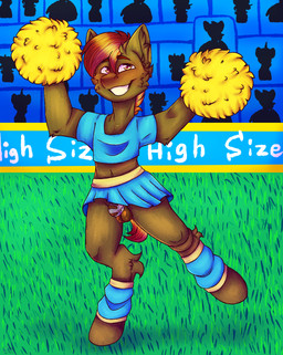 aged_up animal_genitalia animal_penis blush bottomwear brown_eyes brown_hair chastity_cage chastity_device cheerleader cheerleader_outfit clothing equine_genitalia equine_penis feral genitals hair male penis pose shy skirt small_penis smile solo text black_marker_(artist) friendship_is_magic hasbro my_little_pony mythology button_mash_(mlp) earth_pony equid equine horse mammal pony english_text hi_res