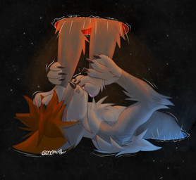 anthro brown_hair feet foot_fetish foot_play fur grey_body grey_fur hair in_space kissing leg_grab male paw_on_mouth pawpads paws pink_pawpads portal smothering solo thinking_with_portals 2001maxx conditional_dnp maxx_(2001maxx) canid canine canis domestic_dog husky mammal nordic_sled_dog spitz absurd_res hi_res