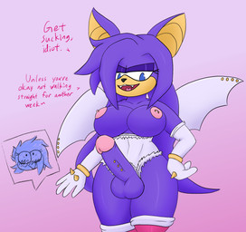 anthro armwear balls big_balls big_breasts big_penis blue_body blue_eyes blue_feathers blush bracelet breasts clothing elbow_gloves erection fangs feathers fur furgonomic_piercing furgonomics genital_piercing genitals gloves gynomorph handwear insult intersex jewelry looking_down looking_up male nipple_piercing nipples penis penis_piercing piercing purple_body purple_fur solo spikes tan_body tan_fur teeth text thick_thighs white_wings wing_piercing wings cookie-pone sega sonic_the_hedgehog_(series) fan_character shred_the_bluebird avian bat bird bluebird ghost_bat mammal megadermitid microbat mountain_bluebird oscine passerine thrush_(bird) english_text trans_(lore) trans_man_(lore)