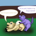 1:1 baby_talk balls blue_eyes cuddlybloodily daisy_(cuddlybloodily) dialogue duo english_text erection female feral fluffy_pony fluffy_pony_(species) fur genitals hi_res male male/female mammal penis purple_body purple_fur shadow sid_(cuddlybloodily) suina teats text yellow_body yellow_fur