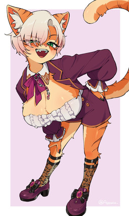anthro big_breasts biped black_claws blush bottomwear braces breast_tuft breasts chest_tuft claws cleavage clothed clothed_anthro clothed_female clothing eye_through_hair fangs female fishnet_clothing fishnet_legwear footwear fur green_eyes hair hand_on_hip hand_on_leg high_heels huge_breasts inner_ear_fluff legwear long_tail looking_at_viewer open_mouth open_smile orange_body orange_ears orange_fur orange_inner_ear overcoat pink_blush pink_nose pose purple_bow purple_clothing purple_footwear purple_shoes purple_topwear shoes simple_background smile solo striped_body striped_fur stripes tail tan_body tan_fur teeth topwear translucent translucent_hair tuft white_hair white_inner_ear_fluff appoco felid feline mammal pantherine tiger 2026 colored digital_drawing_(artwork) digital_media_(artwork) hi_res
