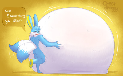 2_tails anthro bedroom_eyes belly belly_inflation big_belly blush dialogue flirting flirting_with_viewer happy huge_belly hyper hyper_belly inflation looking_at_viewer male multi_tail narrowed_eyes nude_anthro nude_male on_one_leg open_mouth open_smile raised_leg seductive side_view smile solo speech_bubble standing tail tail_motion tailwag text crestdraggy shinespark_(rabbit) lagomorph leporid mammal rabbit 16:10 2025 absurd_res color_contrast digital_drawing_(artwork) digital_media_(artwork) english_text hi_res shaded widescreen