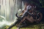 anklet anthro black_hair breasts butt claws detailed_background duo female green_eyes hair jewelry male male/female nature nude outside sitting tail toe_claws water waterfall white_hair wildering myranda_(character) mythology_(character) canid canine canis felid mammal pantherine tiger wolf digital_media_(artwork) shaded