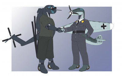 aircraft airplane anthro back_wings black_body bottomwear clothed clothing cockpit duo gesture grey_body handshake helicopter jet machine male metallic_body military_uniform not_furry pants propeller shirt simple_background standing t-shirt tail topwear uniform vehicle wheel wheel_feet wings ndragon3 aeromorph living_aircraft living_helicopter living_machine living_vehicle robot digital_media_(artwork)