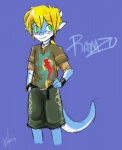 anthro biped blue_body clothed clothing eyewear glasses horn male simple_background solo standing tail cyn. mythology ramzyuu_(ramzyru) dragon mythological_creature mythological_scalie scalie digital_media_(artwork) signature