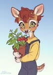 ambiguous_gender anthro blue_clothing blue_overalls blush closed_smile clothed clothing gradient_background green_eyes hair happy holding_plant looking_at_viewer mouth_closed orange_body overalls plant plant_pot potted_plant red_hair simple_background smile solo standing tail topwear white_body yellow_clothing yellow_topwear young young_anthro lostgoose deer mammal 2023 dated portrait signature three-quarter_portrait male_(lore)