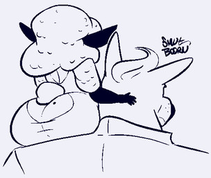anthro big_butt butt carrying_another clothed clothing duo female fully_clothed huge_butt male markings mature_anthro mature_female mole_(marking) on_shoulder rear_view sitting wide_hips smutbooru helbaa_(smutbooru) bovid canid canine canis caprine domestic_sheep mammal sheep wolf 2018 aliasing binary_drawing black_and_white digital_drawing_(artwork) digital_media_(artwork) line_art monochrome