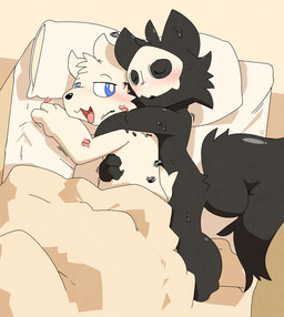 bed bedroom_eyes blush cuddling duo furniture hug hugging_another hugging_from_behind looking_at_another looking_at_partner looking_back looking_back_at_another looking_back_at_partner male male/male mask narrowed_eyes on_bed seductive spooning tongue tongue_out under_covers argon_vile changed_(video_game) lin_(changed) puro_(changed) canid canine canis goo_creature mammal wolf hi_res