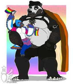 avian_feet beard boyfriend/boyfriend claws clothing facial_hair feathered_wings feathers flag flag_(object) flag_clothing lgbt_pride pride_color_clothing pride_color_flag pride_colors size_difference toe_claws wings lgbt_pride_month avian hi_res