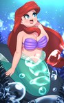 5_fingers air_bubble blue_eyes bra breasts bubble cleavage clothed clothing eyelashes female fin fingers fish_tail hair kneeling lipstick long_eyelashes long_hair makeup medium_breasts mermaid_tail navel open_mouth open_smile red_hair seashell_bra smile solo split_form tail tail_fin underwater underwear water braffy disney disney_princess the_little_mermaid_(1989) ariel_(disney) fish human humanoid_merfolk mammal marine merfolk absurd_res hi_res