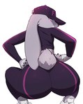 anthro big_butt black_clothing bottomwear butt clothed clothing crouching ears_down female fingers footwear fully_clothed fur grey_body grey_ears grey_fingers grey_fur grey_hands grey_tail iris looking_at_viewer looking_back looking_back_at_viewer pants pink_clothing pivoted_ears pupils rear_view solo tail topwear tracksuit kinhey disney nike zootopia judy_hopps lagomorph leporid mammal rabbit 2023 hi_res