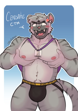 anthro black_clothing black_jockstrap black_underwear bulge clothed clothing jockstrap jockstrap_only male meander nipples pec_grab pecs solo topless topless_male underwear underwear_only marsh_bunn felid mammal prehistoric_species saber-toothed_tiger absurd_res hi_res