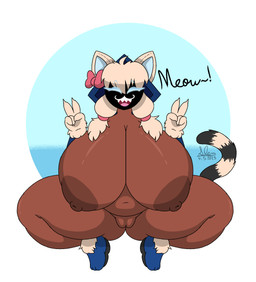 areola big_areola big_breasts big_nipples bow_(feature) bow_accessory breasts brown_body brown_skin clothing crouching dark_body dark_skin double_v_sign female genitals gesture hand_gesture hoodie huge_breasts markings navel nipples shadow_face smile solo striped_markings striped_tail stripes tail tail_markings text topwear two_tone_tail v_sign vulva slem arc_system_works blazblue fan_character turikikaka_(taokakaguy) animal_humanoid cat_humanoid felid felid_humanoid feline feline_humanoid humanoid kaka_(blazblue) mammal mammal_humanoid 2023 digital_drawing_(artwork) digital_media_(artwork) english_text hi_res