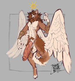 animal_genitalia anthro balls big_balls big_penis chain crotch_fur feathered_wings feathers foreskin fur genitals gold_(metal) gold_jewelry halo humanoid_genitalia humanoid_penis hybrid_genitalia hybrid_penis jewelry male multicolored_body multicolored_fur paws penis sheath sheathed_humanoid_penis solo sun tail two_tone_body two_tone_fur wings ddoggutss sam_hansen angel canid canine canis chow_chow domestic_dog livestock_guardian_dog mammal molosser pastoral_dog spitz absurd_res hi_res