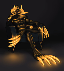 abs anthro big_feet black_body black_skin chair claws curved_horn feet foreskin furniture genitals glowing glowing_claws glowing_eyes glowing_genitalia glowing_horn glowing_nipples glowing_penis holding_chin horn humanoid_genitalia humanoid_penis hyper_claws long_claws looking_at_viewer male muscular muscular_male nipple_piercing nipples nude_anthro orange_claws orange_eyes penis piercing simple_background sitting solo toe_claws longblueclaw demon absurd_res hi_res signature