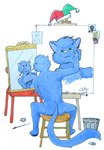 anthro blue_body blue_fur brush canvas chair clothing easel fool's_hat fur furniture green_eyes hat headgear headwear looking_at_mirror looking_at_object male mirror paint paintbrush painting painting_(object) palette reflection sitting solo stool trash_can guppy_(artist) norman_rockwell triple_self-portrait guppy domestic_cat felid feline felis mammal 2000 inspired_by_formal_art signature