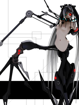 accessory breasts cybernetic_eye cybernetics featureless_crotch female glowing glowing_eyes gradient_hair grey_hair hair hair_accessory hair_ribbon jewelry long_hair looking_at_viewer machine mechanical_arm mechanical_leg medium_breasts navel necklace nipples not_furry red_eyes ribbons simple_background skull_necklace solo teal_eyes twintails_(hairstyle) white_background wide_hips wire deino_(artist) calne_ca humanoid robot robot_humanoid 2010 3:4 3d_(artwork) autodesk_3ds_max_(artwork) digital_media_(artwork) hi_res