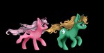 brown_hair brown_tail cutie_mark duo female feral green_body green_eyes hair mouth_closed pink_body pink_hair pink_tail purple_eyes running side_view simple_background tail transparent_background milk-jug hasbro my_little_pony equid equine horse mammal pony alpha_channel