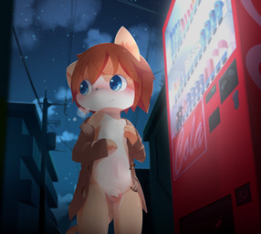 4_fingers anthro balls biped blue_eyes blush bodily_fluids bottomless brown_hair clothed clothing exhibitionism fingers flaccid foreskin fur genital_fluids genitals hair humanoid_genitalia humanoid_penis jacket kemono male navel open_clothing open_jacket open_topwear partially_retracted_foreskin penis precum public public_exposure public_nudity semi_public shota solo standing sweat tan_body tan_fur topwear young young_anthro aoino domestic_cat felid feline felis mammal hi_res