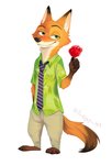 anthro barefoot black_nose bottomwear clothed clothing feet food fully_clothed fur green_eyes holding_food holding_object holding_popsicle male necktie orange_body orange_fur pants pawpsicle popsicle shirt simple_background smile solo standing topwear white_background koumori_007 disney zootopia nick_wilde canid canine fox mammal red_fox true_fox 2020 absurd_res full-length_portrait hi_res portrait