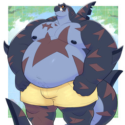 anthro big_arms black_nipples black_sclera bottomwear brown_markings clothed clothing dorsal_fin elbow_fin fin gills male markings moobs musclegut muscular nipples non-mammal_nipples notched_fin orange_eyes shorts small_head solo standing tail tail_fin topless topless_anthro topless_male yellow_bottomwear yellow_clothing yellow_shorts same22shark nelson_(same22shark) aquatic fish shark 1:1 2024 digital_media_(artwork) hi_res portrait signature three-quarter_portrait