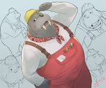 anthro armor belly big_belly clothing hard_hat headgear helmet humanoid_hands kemono male multiple_poses overalls overweight overweight_male pose shirt solo topwear madwakx illumination_entertainment sing_(movie) mason_(sing) mammal marine pinniped walrus 2022