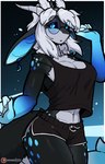 5_fingers anthro black_body black_fur black_sclera black_tail blue_eyes bottomwear breasts clothed clothed_anthro clothed_female clothing eyewear female fingers front_view fully_clothed fully_clothed_anthro fully_clothed_female fur glasses hair horn open_mouth solo standing tail topwear white_hair white_horn psychorodent lillian_(psychorodent) snatyr 2025 9:14 absurd_res digital_media_(artwork) hi_res