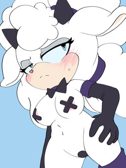 anthro areola armwear big_breasts black_bow_tie black_clothing black_gloves black_handwear black_horn blue_background blue_eyes blue_sclera blush blush_lines bodily_fluids bow_tie breasts brown_nose clothing ears_down elbow_gloves embarrassed eyelashes female front_view fur gloves hand_on_hip handwear horn maebari navel nipple_outline pasties pink_areola pivoted_ears simple_background solo sweat sweatdrop thick_thighs white_body white_fur wide_hips flaresg_art idw_publishing sega sonic_the_hedgehog_(comics) sonic_the_hedgehog_(idw) sonic_the_hedgehog_(series) lanolin_the_sheep_(sonic) bovid caprine mammal sheep 3:4 hi_res