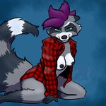 anthro breasts clothing female fur grey_body grey_fur hair markings pattern_clothing pattern_shirt pattern_topwear plaid plaid_clothing plaid_shirt plaid_topwear purple_hair red_clothing red_shirt red_topwear ring_(marking) ringed_tail shirt solo striped_markings striped_tail stripes tail tail_markings topwear misspooks shocket_raccoon mammal procyonid raccoon 1:1