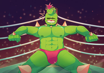 abs anthro biceps bodily_fluids bulge cactus clothing eye_scar facial_scar fighting_ring fist green_body looking_at_viewer male muscular muscular_anthro muscular_male nipples pecs pinned pinned_to_ground plant scar sitting solo spikes sport thong underwear dinxiemintie patreon cox_(dinxiemintie) cactus_creature cyclops elemental_creature flora_fauna hi_res