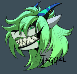 anthro ears_up green_body green_eyes green_hair green_scales green_skin grey_background hair male medium_hair piercing scales shark_fin sharp_teeth simple_background smile smiling_at_viewer solo striped_body stripes teeth jaggal grenzeshark aquatic fish shark headshot_portrait hi_res portrait