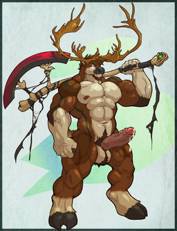 abs anthro antlers axe balls biceps big_muscles bodily_fluids cum erection genital_fluids genitals hooves horn humanoid_genitalia humanoid_penis male melee_weapon muscular muscular_anthro muscular_male nipples nude pecs penis simple_background smile solo vein veiny_muscles veiny_penis weapon weapon_on_shoulder nightterror deer mammal hi_res
