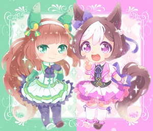 accessory alternative_fashion blush bow_(feature) bow_accessory bow_ribbon brown_hair chibi clothing dress duo female frilly frilly_clothing frilly_dress gesture green_background green_clothing green_dress green_eyes hair hair_accessory hair_bow hair_ribbon hand_gesture j-fashion japanese_idol kemono lolita_(fashion) pink_clothing pink_dress purple_background purple_eyes ribbons simple_background sparkles sweet_lolita v_sign mugita_konomi cygames uma_musume_pretty_derby silence_suzuka_(pretty_derby) special_week_(pretty_derby) animal_humanoid equid equid_humanoid equine equine_humanoid horse_humanoid humanoid mammal mammal_humanoid hi_res pastel_theme