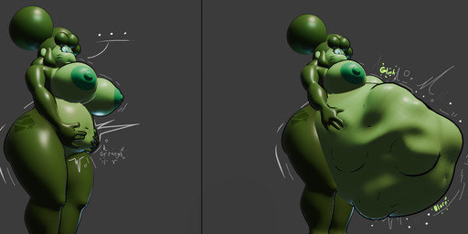 5_fingers abdominal_bulge anthro areola belly big_areola big_belly big_breasts big_butt big_nipples blue_eyes breasts bulge butt female fingers green_body green_skin huge_areola huge_breasts huge_butt navel nipples nude nude_anthro nude_female onomatopoeia oral_vore predator/prey rumbling_stomach slightly_chubby slightly_chubby_anthro slightly_chubby_female solo sound_effects text vore fetishframe ben_10 cartoon_network romi_(fetishframe) alien amphibian frog gourmand_(ben_10) perk_gourmand 3d_(artwork) blender_(artwork) digital_media_(artwork) hi_res