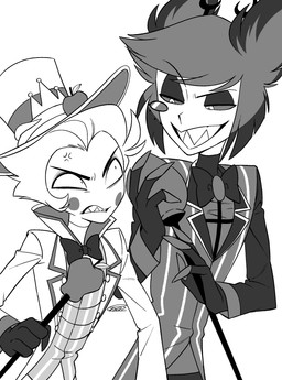clothed clothing cross-popping_vein duo eyewear hat headgear headwear male monocle sharp_teeth simple_background teeth white_background enaic31 hazbin_hotel hellaverse alastor_(hazbin_hotel) lucifer_(hazbin_hotel) angel animal_humanoid deer deer_humanoid demon demon_humanoid fallen_angel humanoid mammal mammal_humanoid absurd_res hi_res monochrome