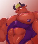 anthro barazoku blonde_hair clothed clothing crossdressing hair horn male muscular muscular_anthro muscular_male pasties pecs red_body solo dudedle fongu kemo_coliseum darius_(kemo_coliseum) bovid bovine cattle mammal absurd_res hi_res