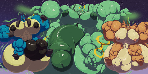 5_fingers 5_toes anthro anthrofied balls big_balls big_muscles big_pecs big_penis black_nipples black_penis erection feet fingers flexing floating fur genitals green_balls green_body green_nipples green_penis grin group growth huge_balls huge_muscles huge_pecs huge_penis humanoid_genitalia humanoid_penis hyper hyper_balls hyper_biceps hyper_genitalia hyper_muscles hyper_pecs hyper_penis inflation male multicolored_body multicolored_fur muscle_growth muscular night nipples nude orange_body pecs penis pink_nipples plantigrade size_difference sky smile star starry_sky toes yellow_balls yellow_penis bobert nintendo pokemon canid canine charizard generation_1_pokemon generation_3_pokemon generation_4_pokemon legendary_pokemon lucario mammal pokemon_(species) rayquaza scalie 2020