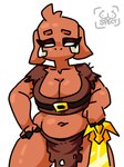 anthro belly bottomwear breasts clothed clothing eyebrows eyelashes female fingers gold_(metal) golden_sword hooved_fingers hooves loincloth looking_at_viewer melee_weapon nipples partially_clothed simple_background slightly_chubby slightly_chubby_female solo sword tan_body tan_skin text tusks weapon white_background white_eyes boobaspect microsoft minecraft mojang xbox_game_studios domestic_pig mammal piglin suid suine sus_(pig) 3:4 digital_media_(artwork) signature