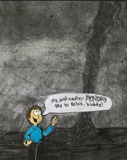 blue_clothing blue_shirt blue_topwear brown_hair clothing dialogue duo hair male open_mouth open_smile shirt smile text topwear nekromamtik garfield_(series) garfield_the_cat gorefield_(creepypasta) jon_arbuckle human mammal monster english_text