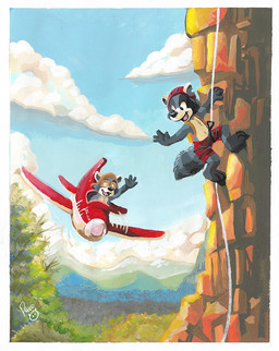 aircraft airplane anthro black_nose blue_sky bottomwear climbing clothing cloud duo eyewear eyewear_on_head fangs fur gesture goggles goggles_on_head grey_body grey_fur logo male open_mouth open_smile red_bottomwear red_clothing red_shorts shorts sky smile teeth vehicle waving white_body white_fur young young_anthro young_male pandapaco mammal procyonid raccoon artist_logo signature