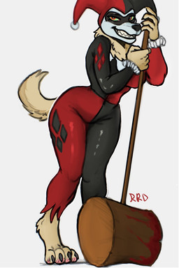alternate_species anthro barefoot big_breasts black_bodysuit black_clothing black_nose black_skinsuit blood blood_on_object blood_on_weapon bodily_fluids bodysuit breasts clothing digitigrade domino_mask eyemask eyewear feet female front_view fur green_sclera grey_background hammer holding_hammer holding_object holding_tool holding_weapon looking_at_viewer mask neck_tuft red_bodysuit red_clothing red_eyes red_skinsuit simple_background skinsuit smile solo tan_body tan_fur thick_thighs tight_clothing tools tuft weapon wide_hips roofieredd batman_(series) dc_comics harley_quinn hyena mammal hi_res