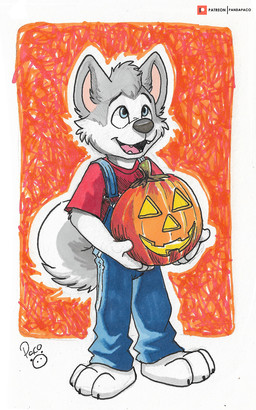 anthro blue_clothing blue_eyes blue_overalls cheek_tuft clothed clothing facial_tuft front_view fur grey_body grey_fur grey_nose grey_tail happy head_tuft holding_pumpkin logo male open_mouth open_smile overalls red_clothing red_shirt red_t-shirt red_topwear shirt smile solo standing t-shirt tail topwear tuft white_body white_fur white_tail young young_anthro young_male pandapaco canid canine canis mammal wolf artist_logo full-length_portrait hi_res portrait signature